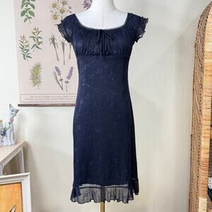 90s Y2k Glitter Floral Mesh Milkmaid Babydoll Dress Romantic Goth Whimsigoth S